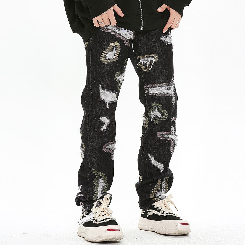 Color Contrast Ripped Embroidered Jeans American Style