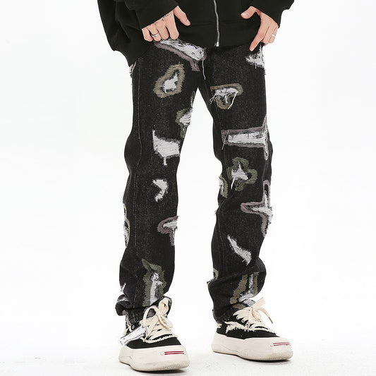 Color Contrast Ripped Embroidered Jeans American Style