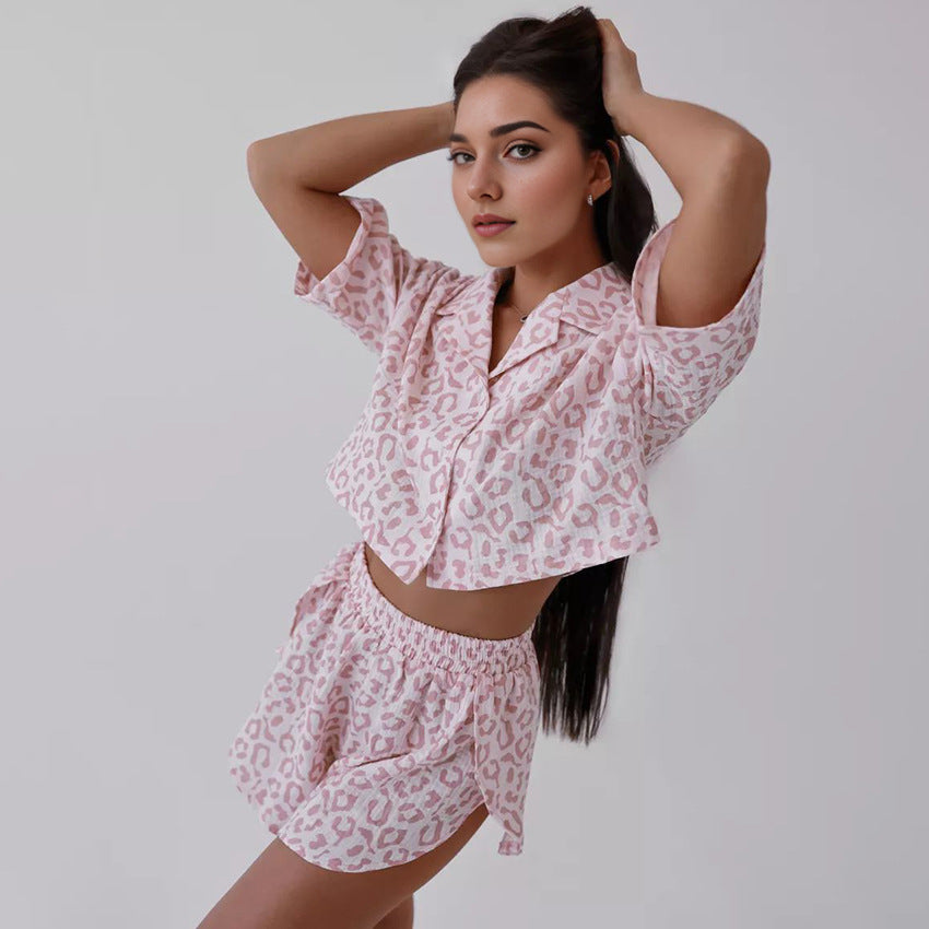 Womens Short-Sleeve Slit-Edge Shorts Two-Piece Set