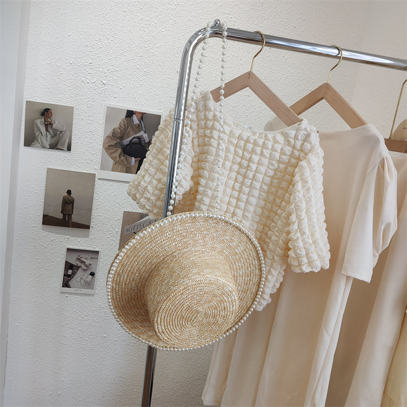 Women's Hand Sewn Pearl Flat Top Straw Hat