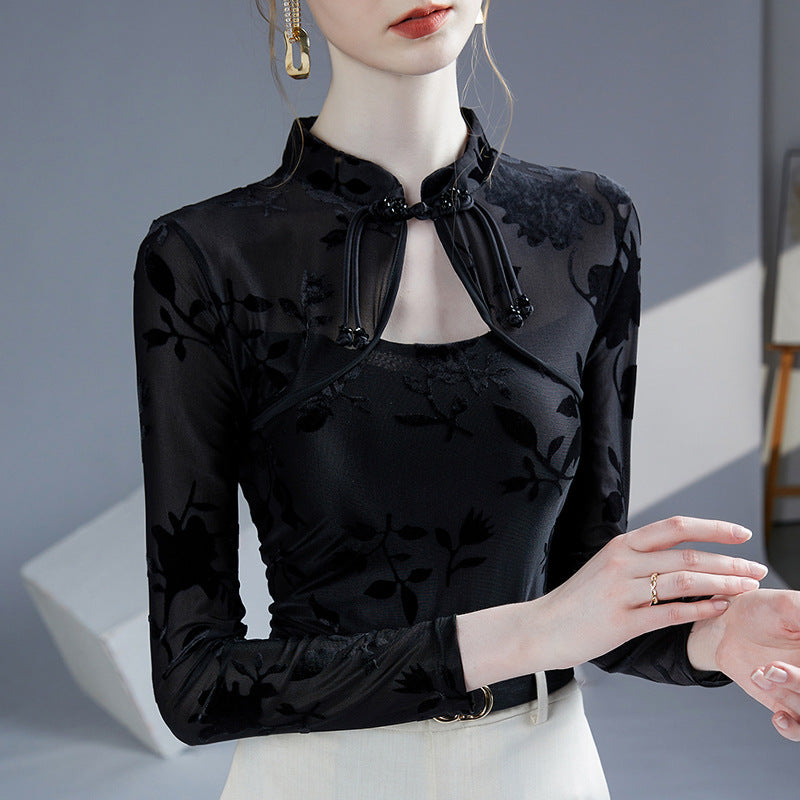 Dametop med ny kinesisk stil, qipao-krave, jacquard og slim fit, der kan bruges som basislag