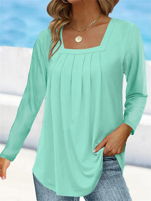Women's Pleated Square Collar Long Sleeve Imitation Cotton Large Size T-shirt
