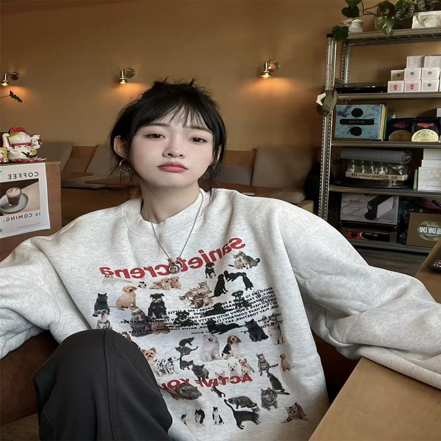 Retro Cartoon Cat Puppy Gray Round-collar Sweater
