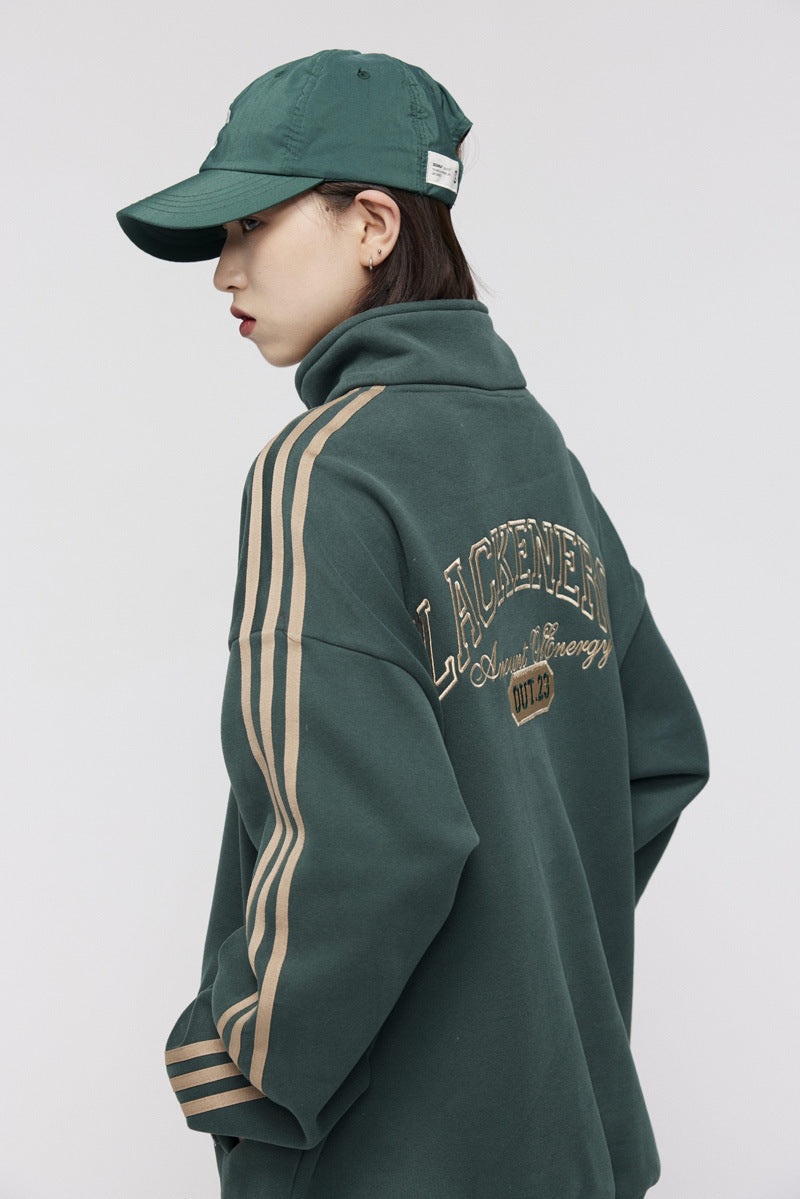 Men's American-style Retro Street Striped With Fleece Lining Half Zipper Jacket
