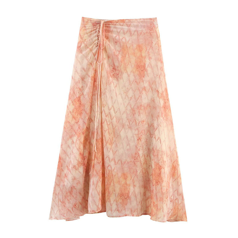 Summer New Blooming Printed Pull-Belt Chiffon Irregular Skirt