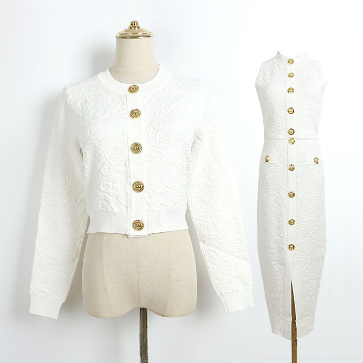 French-style Solid-color Knitted Three-piece Set With A Forked Skirt