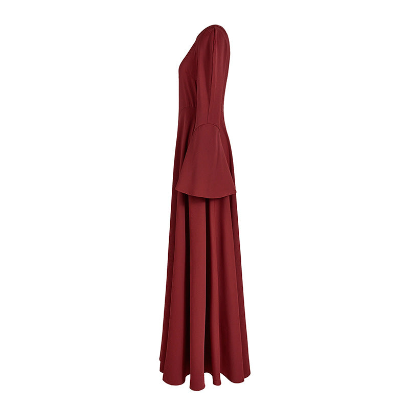 Round-neck Long-sleeve Minimalist Red Maxi Dress With A Fitted Waist And Panel Detailing