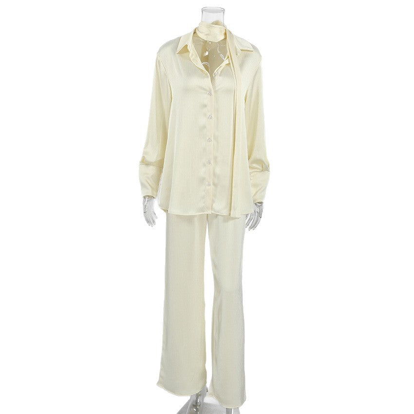 French Niche Design Yellow Long-Sleeve Loose Shirt And Pants Set