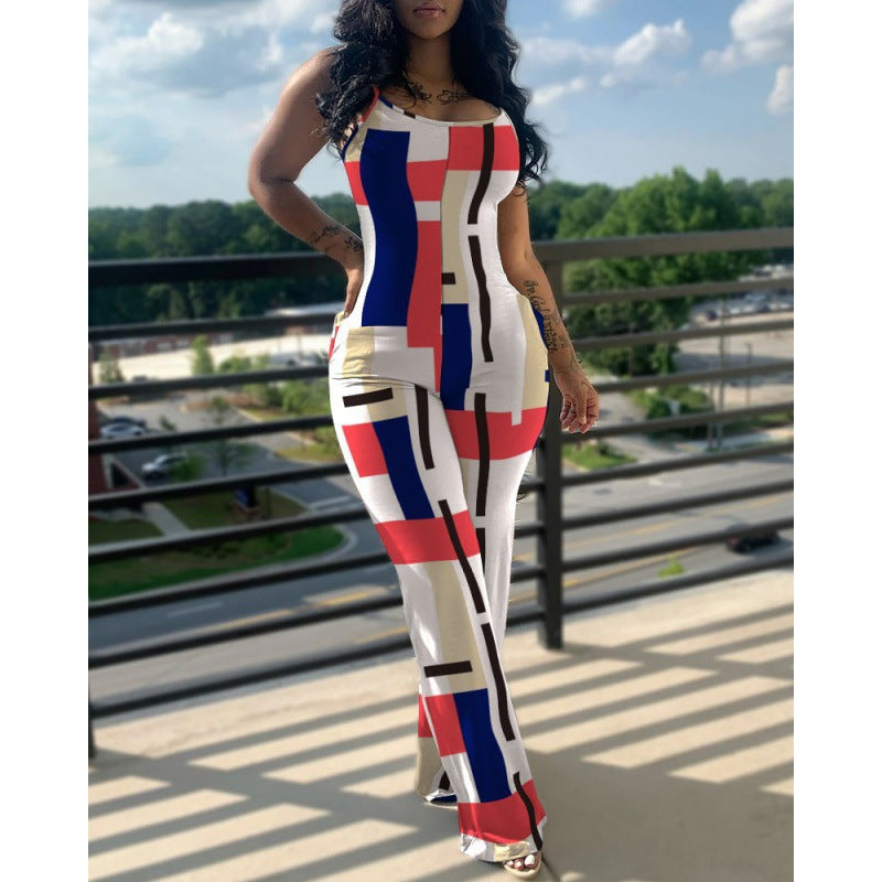 Women's Fashion Print Suspenders Wide Leg Casual Jumpsuit