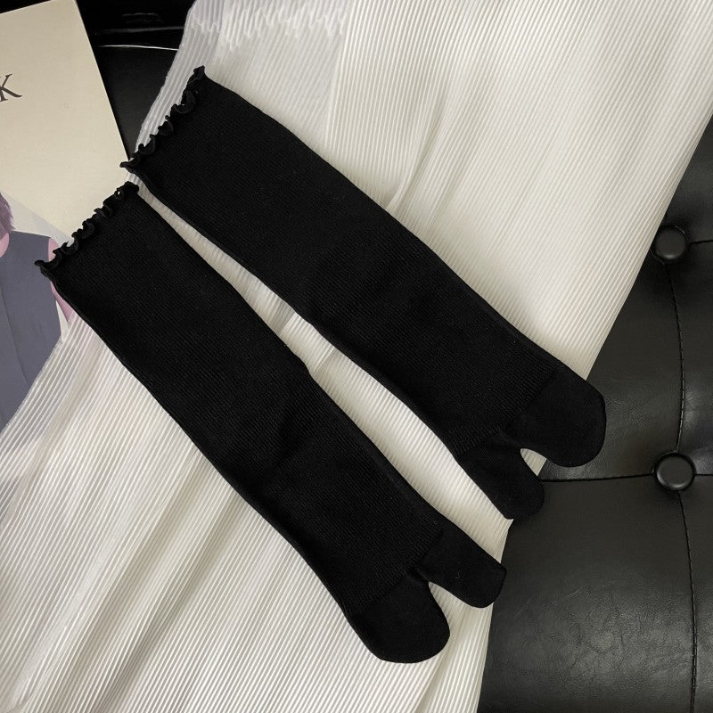 Split Toe Wooden Ear Double Needle Thin Sprout Solid Color Mid-calf Length Socks Bunching Socks Artistic Women's Socks