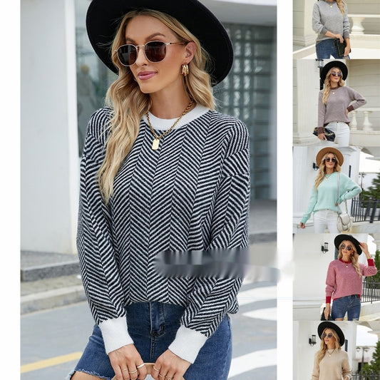 Striped Fashion Long Sleeve Round Neck Knitted Loose Splicing Pullover Sweater For Women