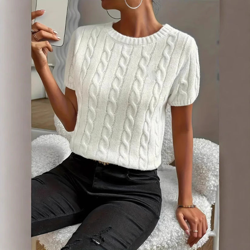 Simple Round-neck Comfortable Rib Short Sleeve Pullover Sweater