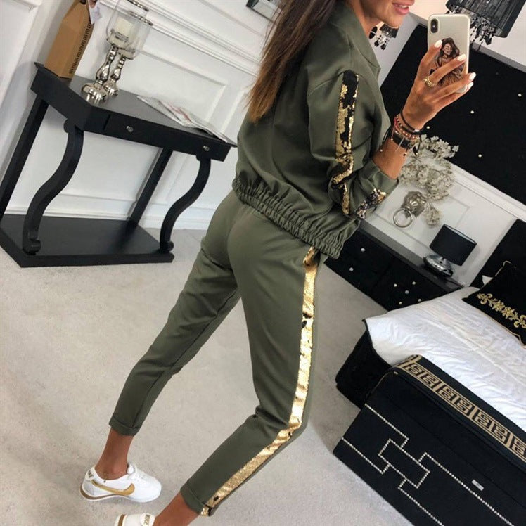 9536 European And American AliExpress Autumn Fashion Casual Sequin Splicing Coat Trousers Sports Suit For Women