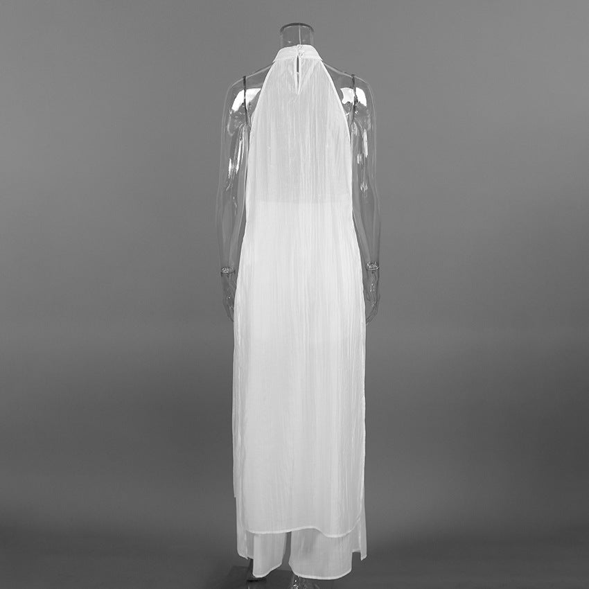 White Tencel Sleeveless Halter Neck Long Vest And Trousers Two-piece Set