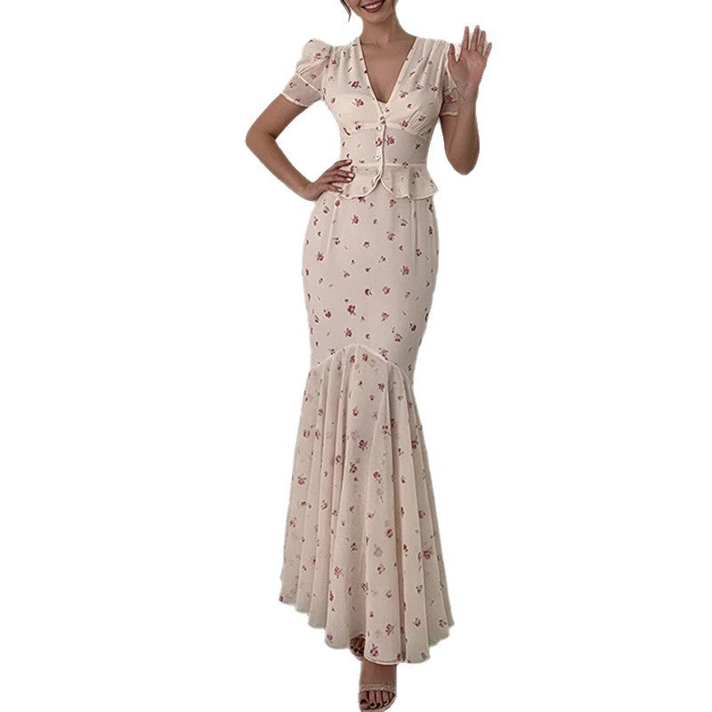 Women's Fashionable Casual Printed Short-Sleeve Long Dress Set