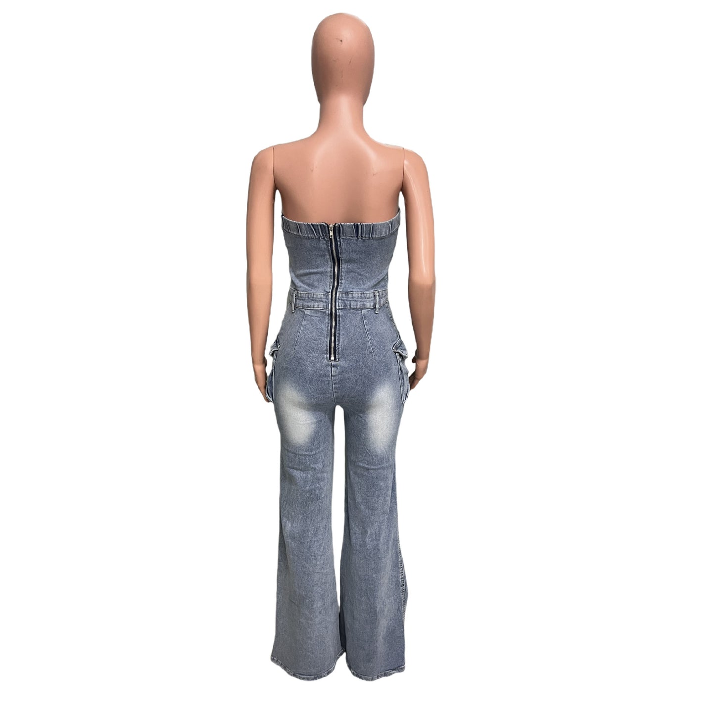 Dame Slim Fit Rygløs Stræk Flared Ærmeløs Denim Jumpsuit
