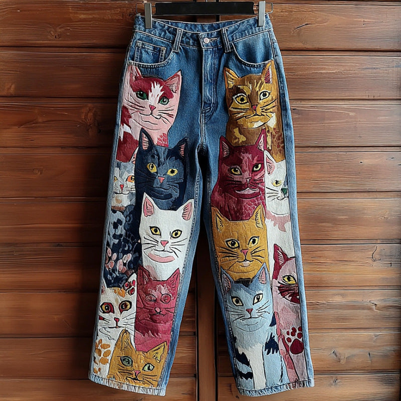 New 3D Heat-transfer Printed Flared Jeans-style Trousers In Faux Denim