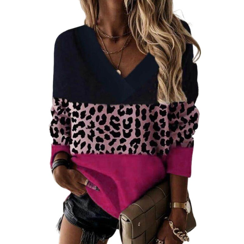 V-hals Leopardprint-patches Langærmet Sweatshirt-toppe