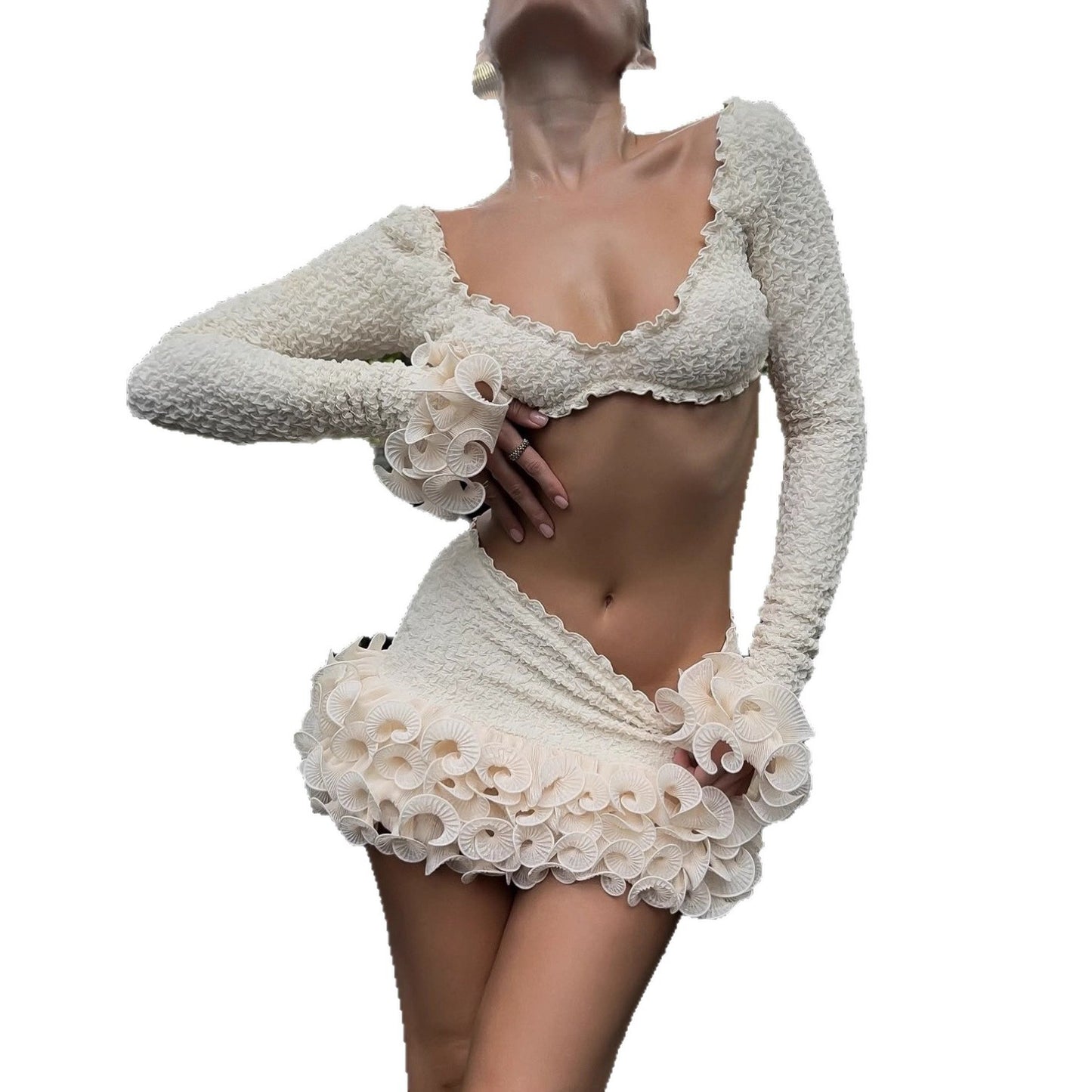 European And American Fashion Women's Wear Long Sleeve Short Top Ruffled Half-length Skirt Outfit