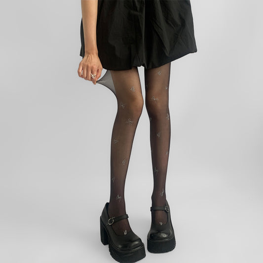 Black With Diamond Bow Stockings Thin Snagging Resistant Pantyhose