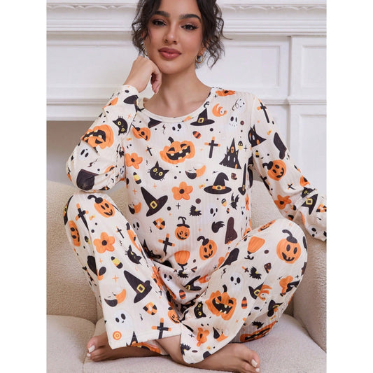 Halloween Cartoon Printed Long-sleeved Trousers Two-piece Suit Homewear