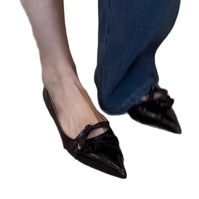 French Style Flats For Women, Pointed Toe Low Wedge Heel Elegant Versatile Bow Mary Jane Shoes