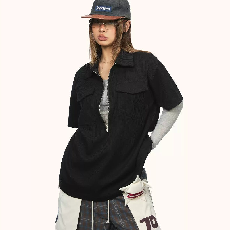Women's Half-zip Short-sleeved Shirt Summer New Loose Casual