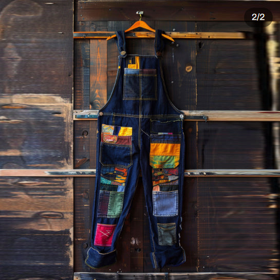 Vintage Patchwork Art Print Jeans Jumpsuit