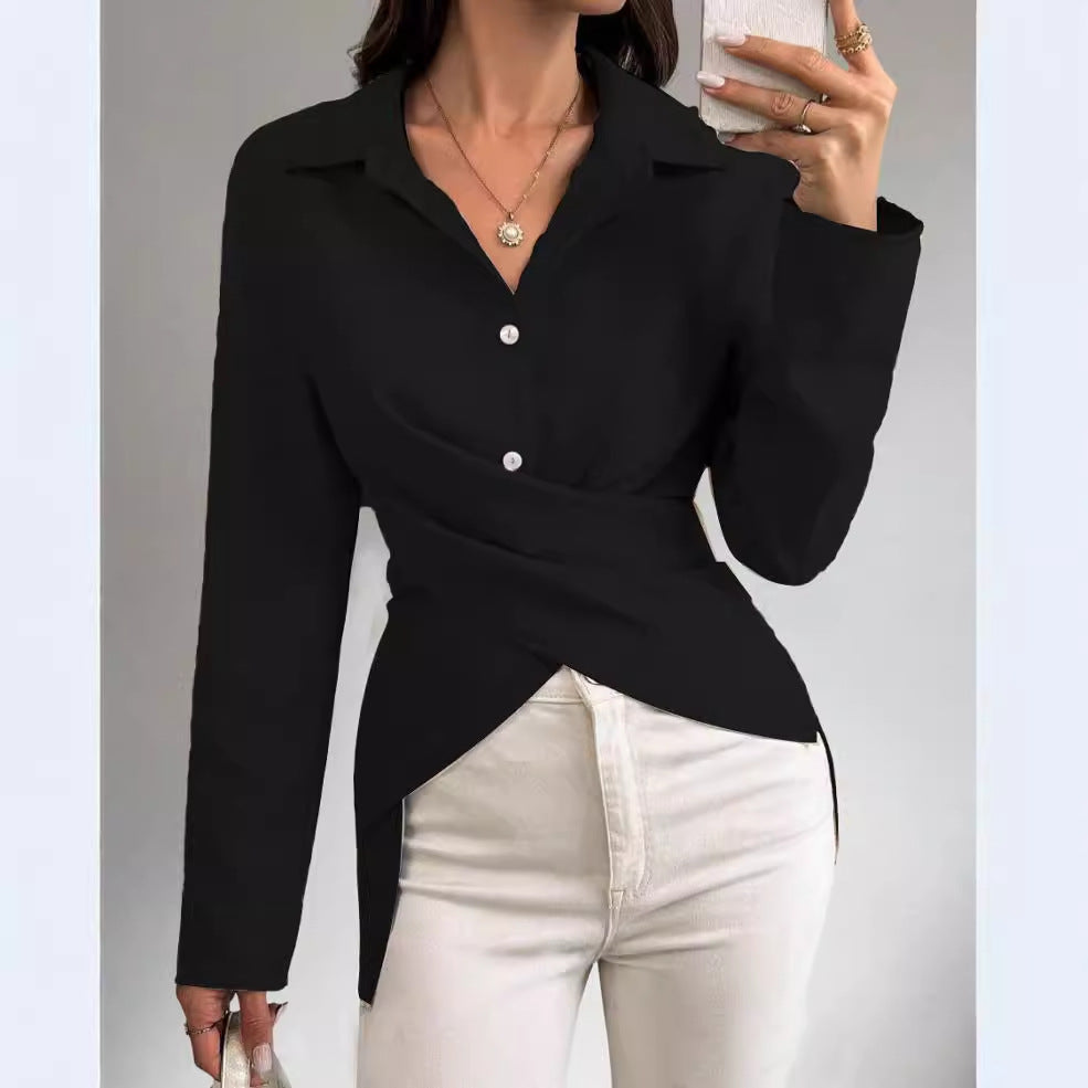 Women's Long-sleeved Cross-tied Pleated Shirt