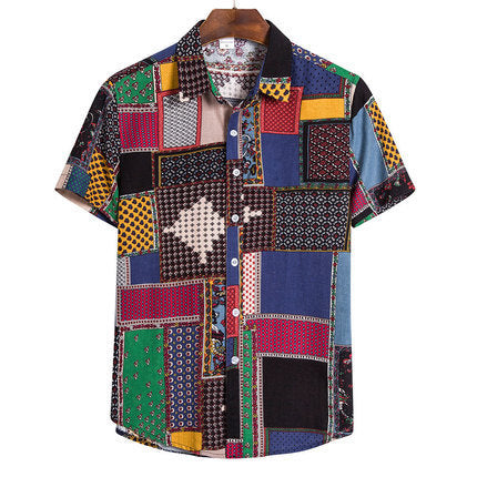 Men's Plus Size Summer Loose Short Sleeves Shirt Retro