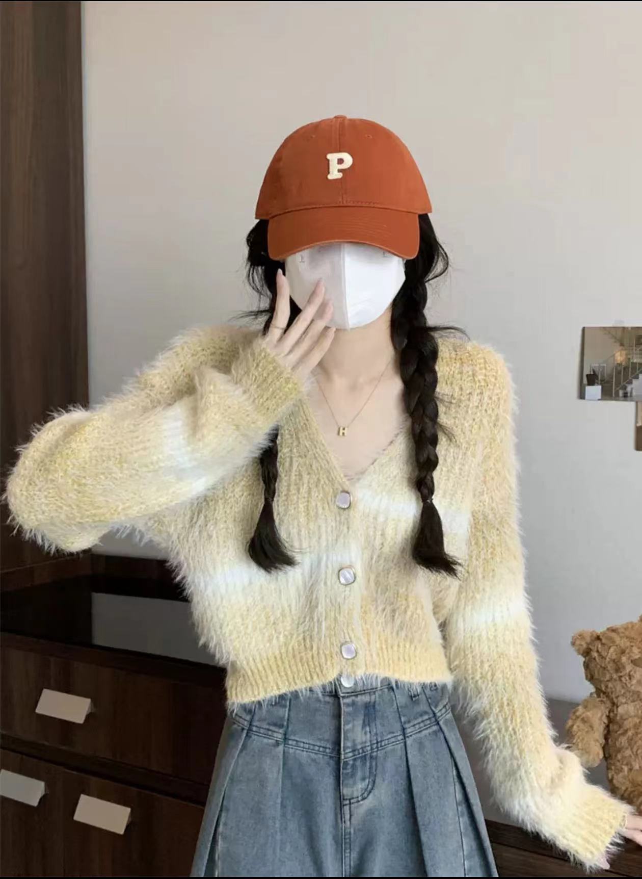 Gradient Color Autumn And Winter V-neck Mink Sweater Coat Female Small Short Outer Wear Wool Knit Cardigan