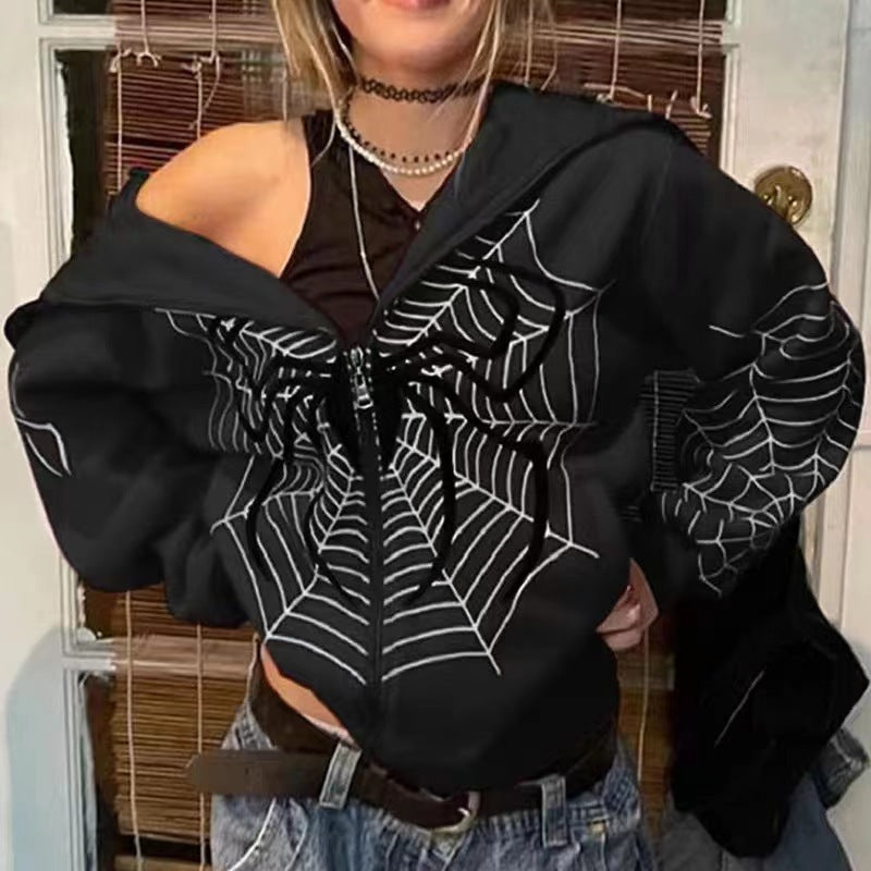 Autumn And Winter Spider Web Printed Street Trendsetter Full Zip Pullover Hoodie