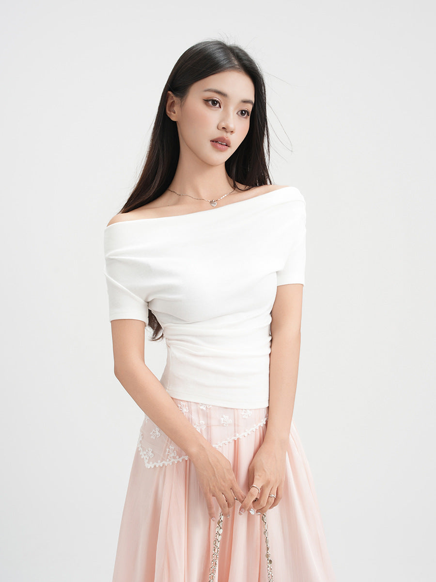French One-shoulder Draped Neckline Short Sleeve Top