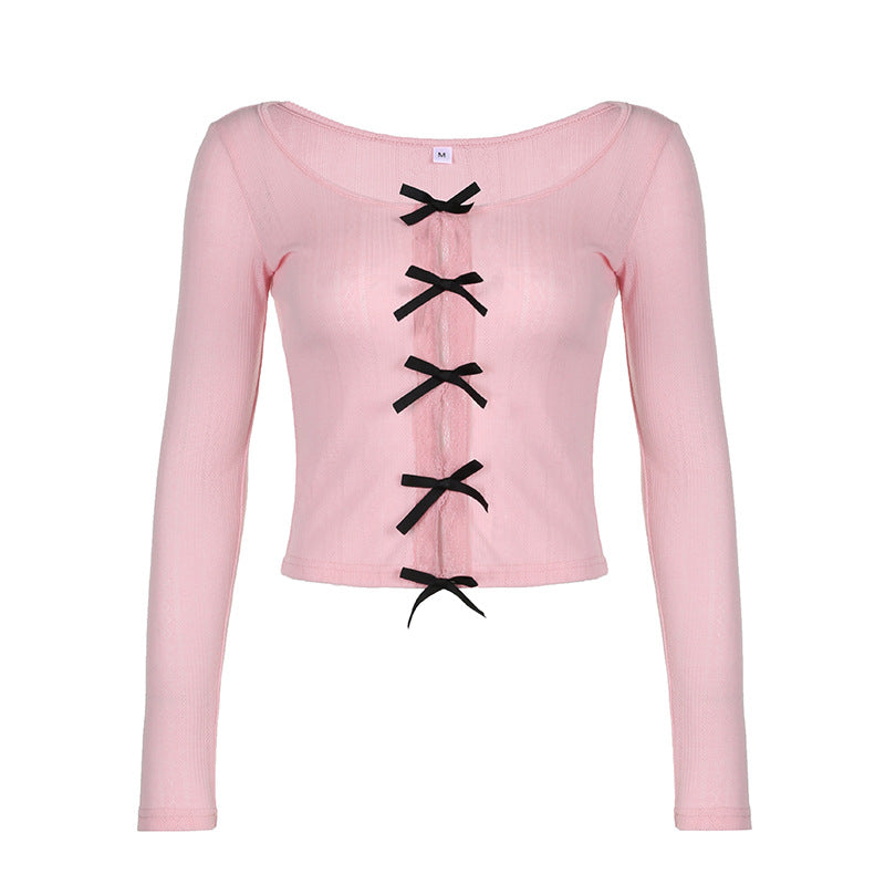 Bow Color Contrast Patchwork Base T-shirt Openwork Knitted Top