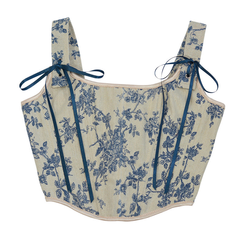 Fransk Orchid Print Stroptop Korset Crop Top