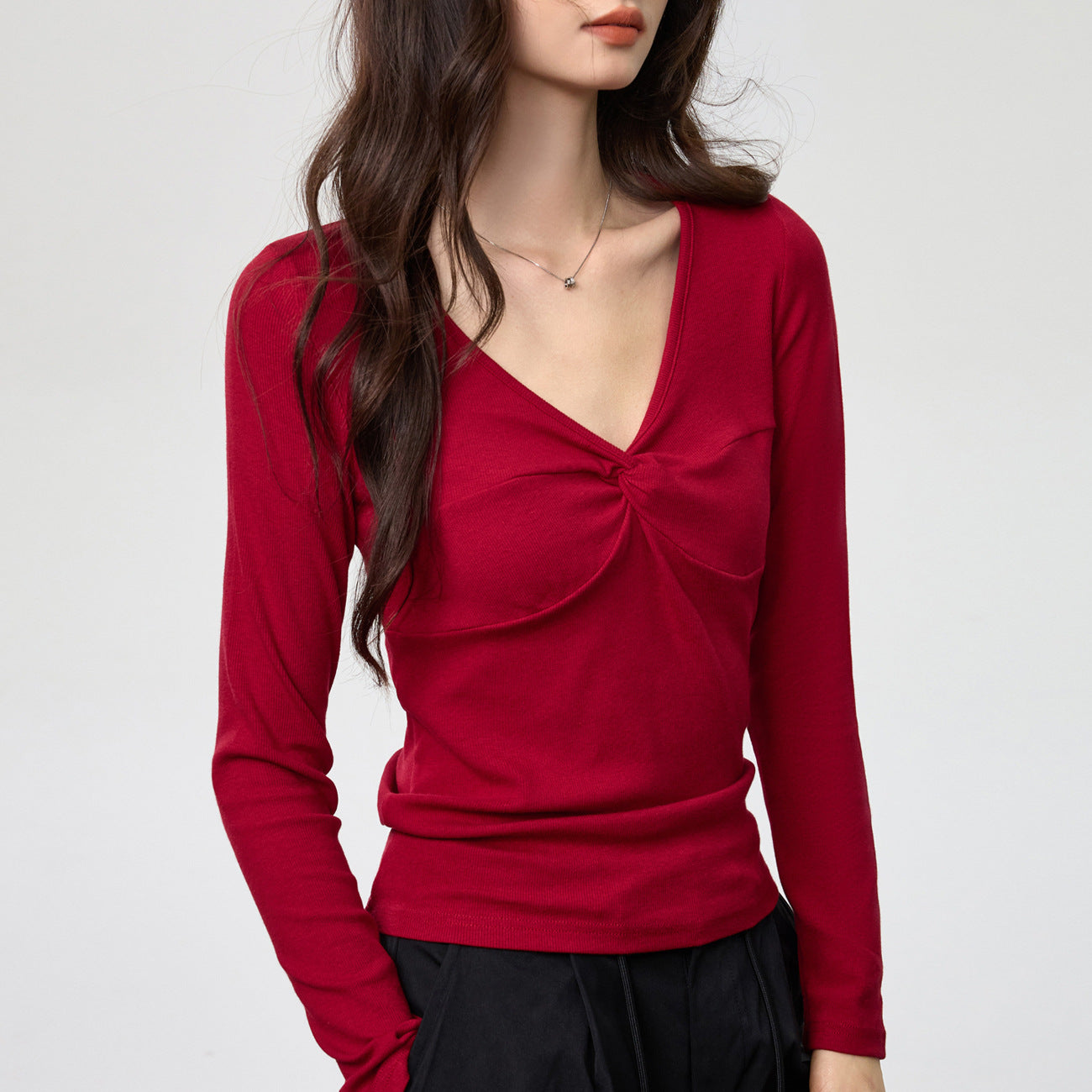 Women's Elegant Deep V-neck Knot Long Sleeve Top