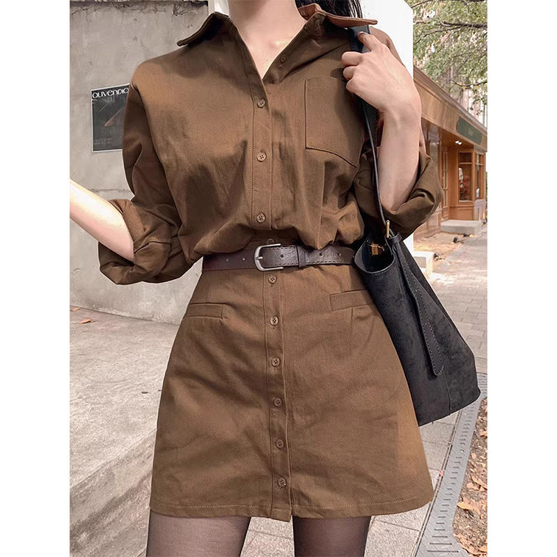 Single-breasted Waist-cinching Slimming Long-sleeve Shirt Dress