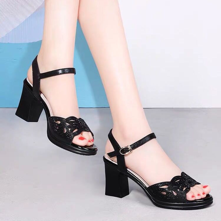 Middle Heel Fish Mouth Soft Sole Mother Shoes Diamond High