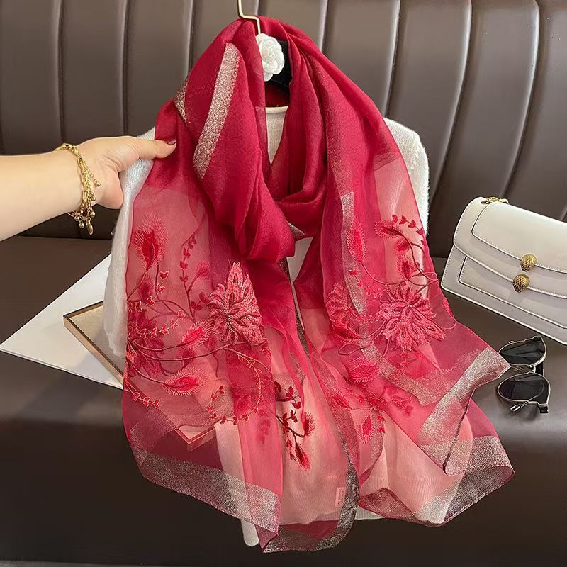 Versatile Embroidered Silk-Feel Thermal Scarf