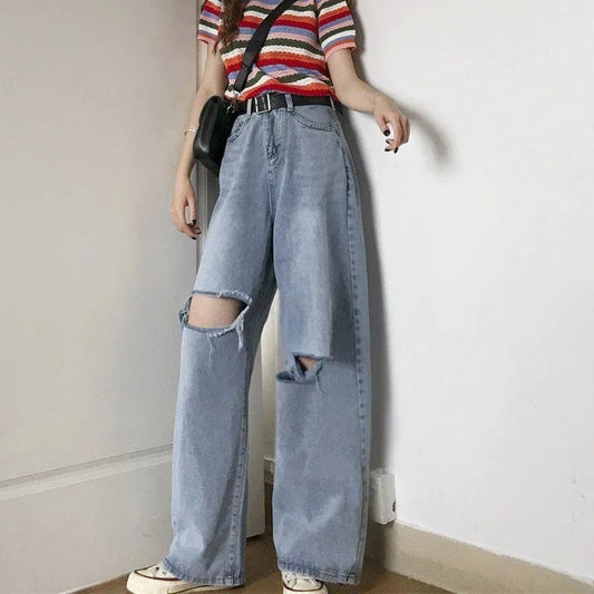 Løse Slankende Højtaljede Lige Knæ-Revede Jeans til Kvinder