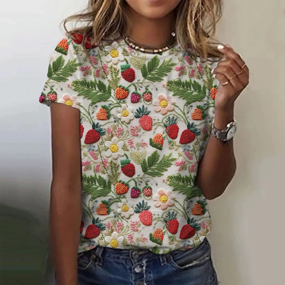 Floral Print Women's T-shirt Short Sleeve Casual Round Neck T-shirt Summer Ladies