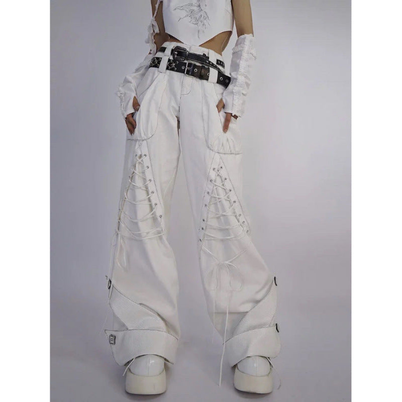 Asian Culture White Heavy Industry Double Waist Head Curling Overalls