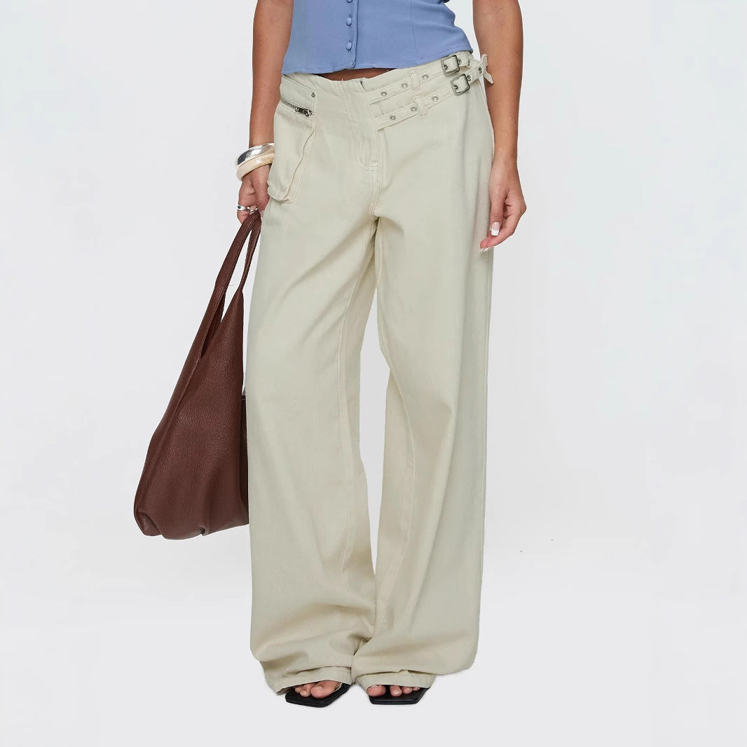 Buckle Waist Side Pocket Loose Jeans