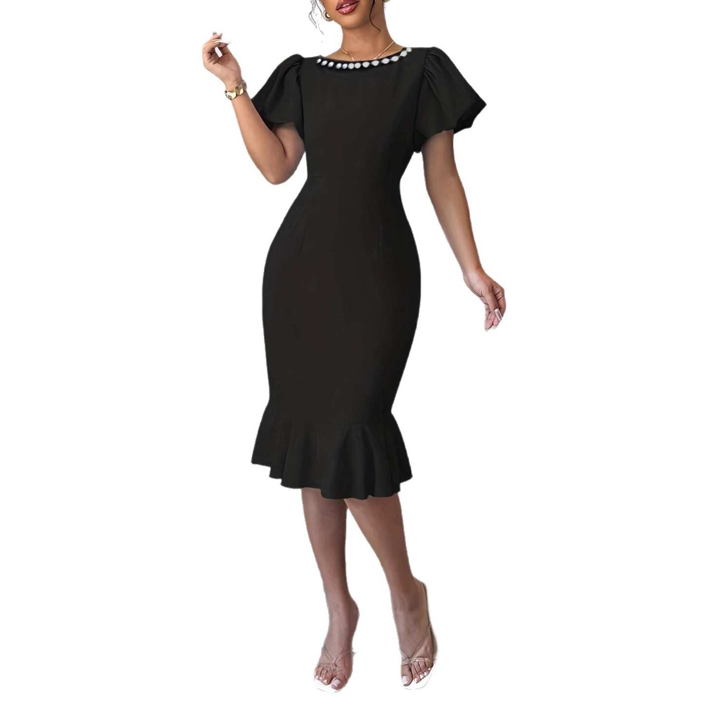 Solid-color Bubble-sleeve Mermaid Slimming Dress