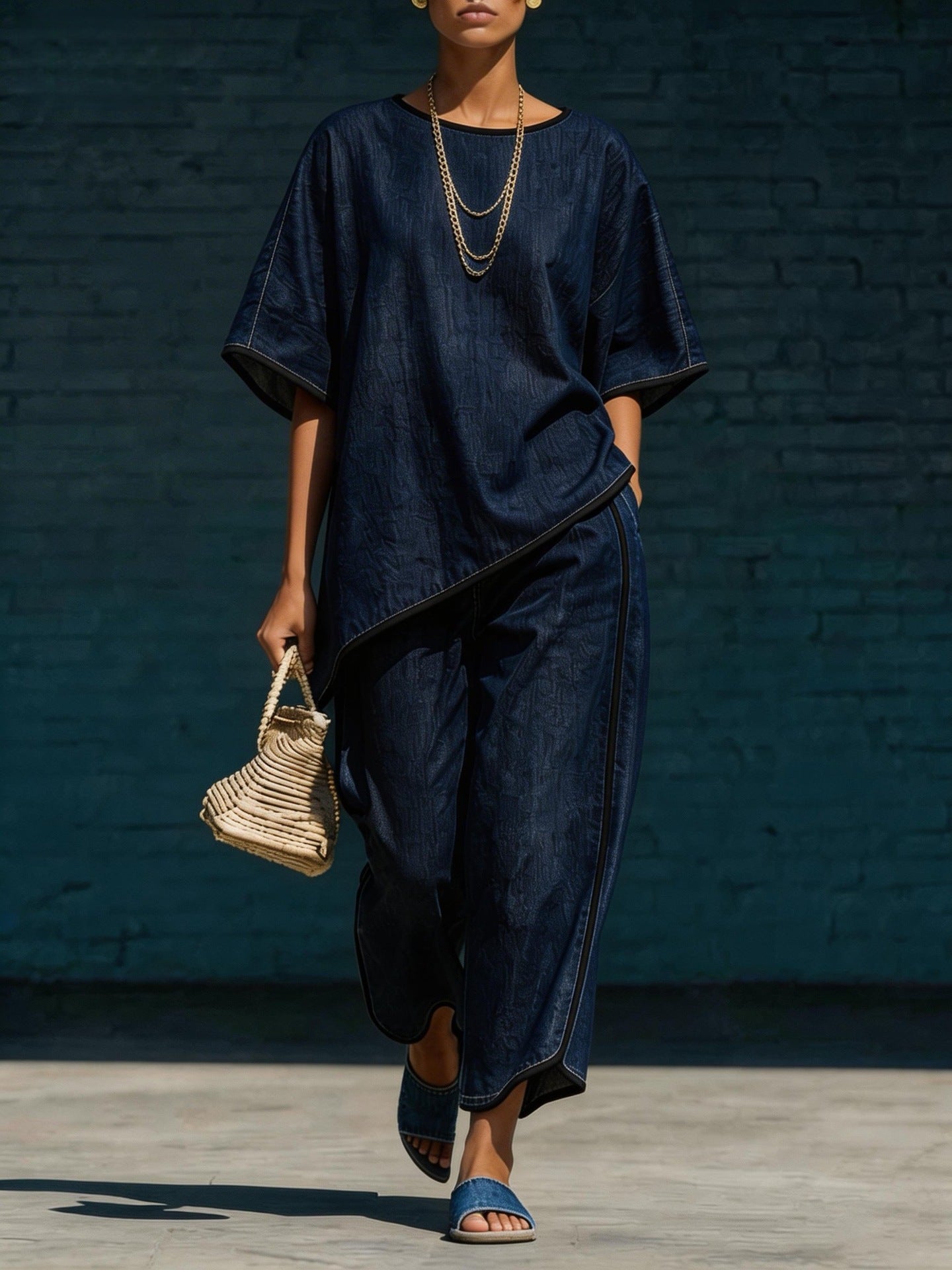 Elegant fritidssæt med vidde ben i denim-stil