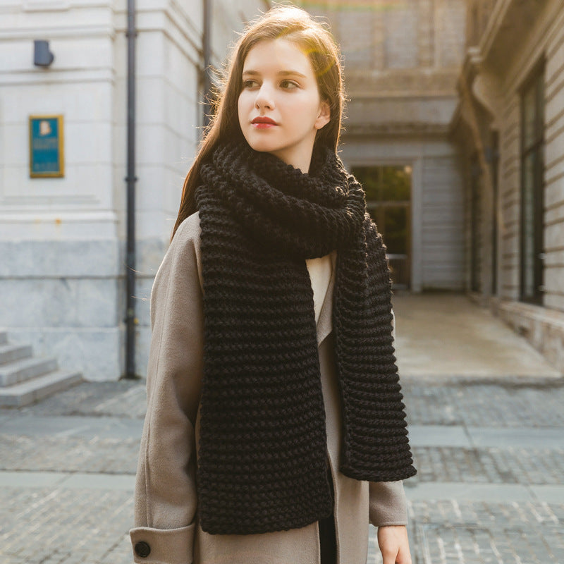 Handmade thick wool pure color knitted scarf
