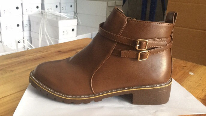Womens Low-heeled Leather Buckle Ankle Boots