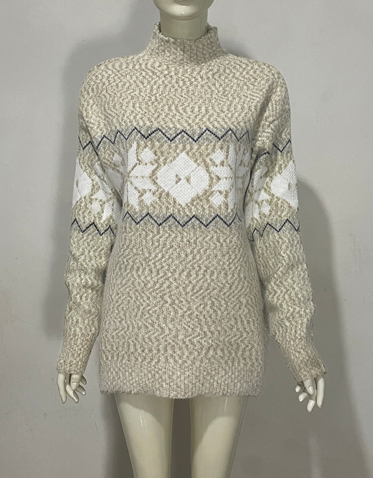 Embroidered Jacquard Pullover Loose Bottoming Shirt Mock Neck Sweater Coat