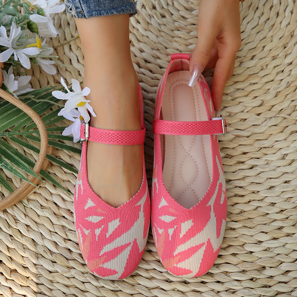 Square Toe Knitted Braided Non-slip Soft Soles Single-layer Shoes