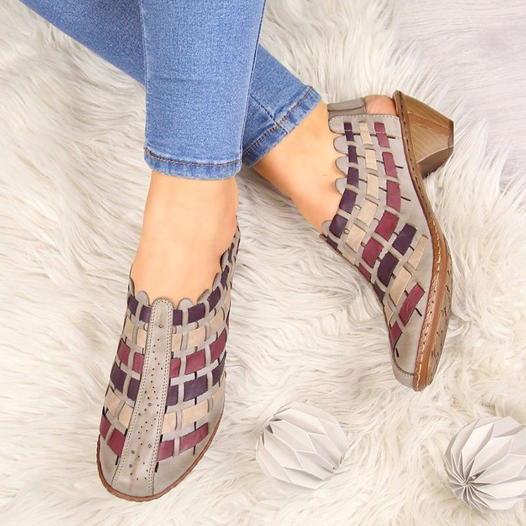 Cross-knit low-heel chunky heel colorblock sandals